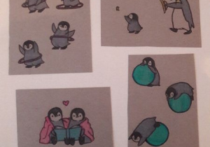 Zdjęcie przedstawia cztery szkice flamastrem pingwinków. Dwa na górze zdjęcia i dwa na dole. Ptaki ujęte są komiksowo. Na pierwszym szkicu pingwiny bawią się hulohop, dwa na górze, jeden pośrodku i jeden na dole. Są namalowane czarnym flamastrem. Na prawym górnym szkicu są dwa mama pingwinica stoi po prawej stronie i patrzy na małego pingwinka goniącego motyla. Na dolnym lewym są dwa pingwiny – siedzą okryte różowym kocem i czytają książkę, są zakochane – pomiędzy nimi na górze jest czerwone serduszko. Prawy dolny szkic przedstawia trzy pingwiny toczące się na zielonych piłkach, jeden na górze szkicu, drugi pośrodku a trzeci na dole.